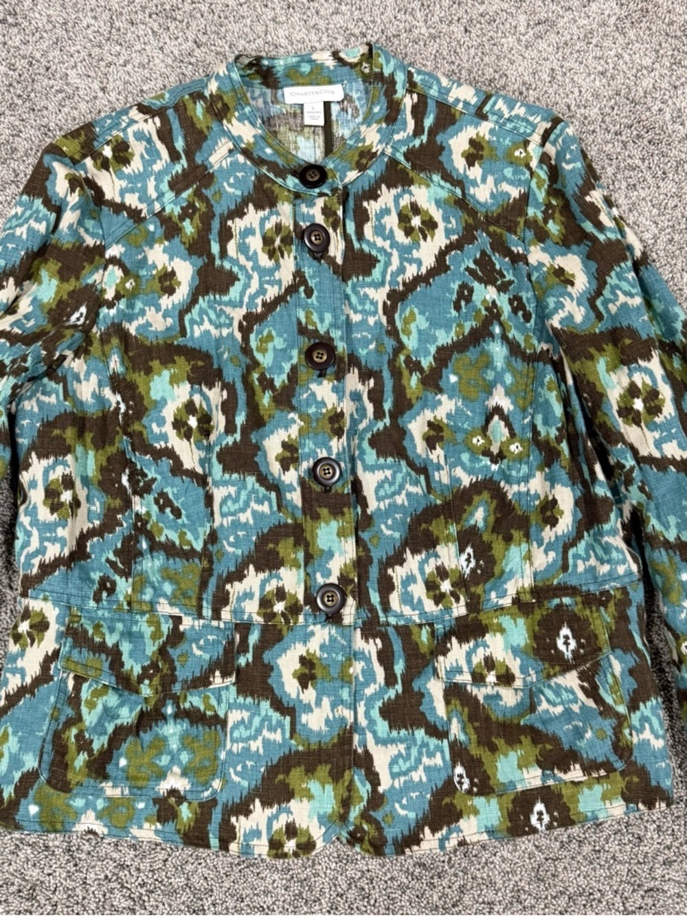 Vintage Charter Club Teal Brown Ikat 100% Linen Pockets Blazer Jacket Women’s L - Picture 2 of 11